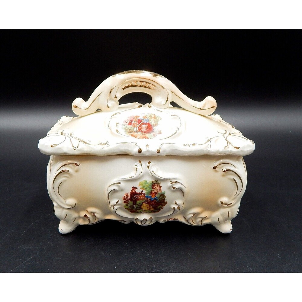 Royal Sealy Covered Trinket Dresser Vanity Dish Courting Couple Candy Japan VTG